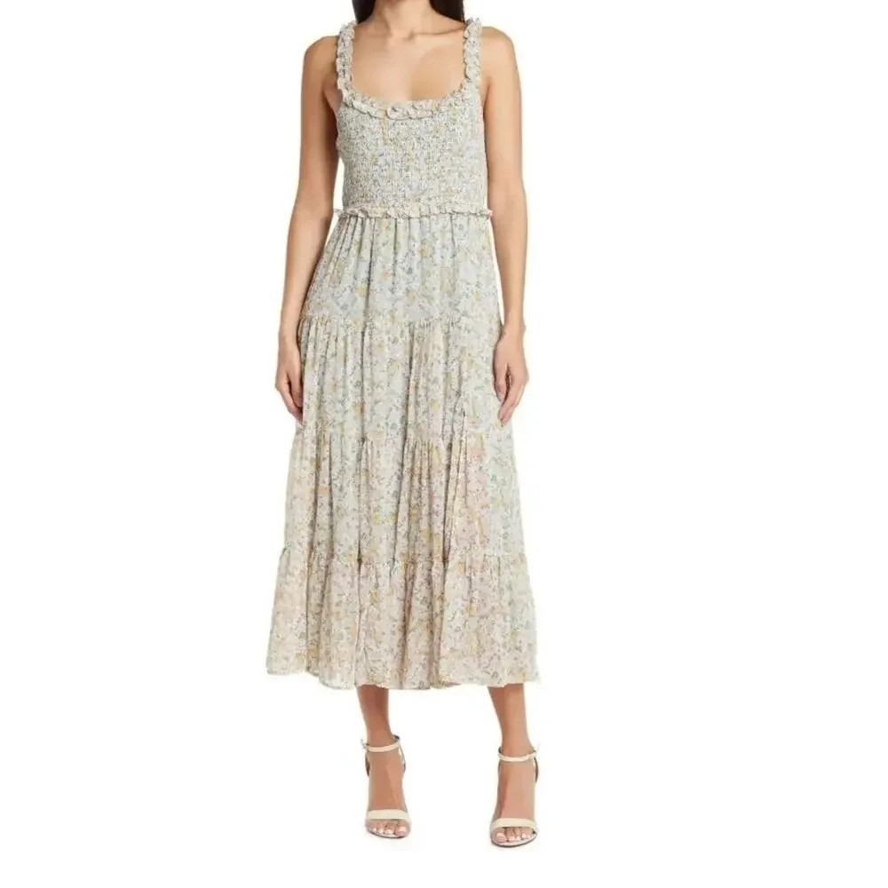 ASTR The Label Smocked Midi Dress In Lilac Green Floral- Women's XL Cottagecore